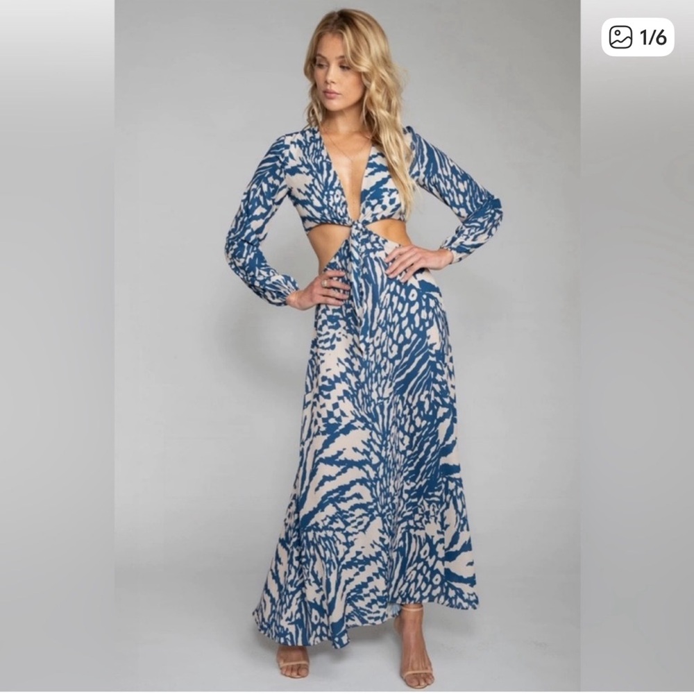 RESA Noelle Capri Maxi Dress in Blue and Cream Abstract Print